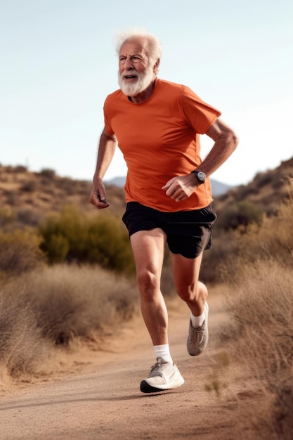 Снимок пожилого мужчины, бегущего на свежем воздухе, созданный с помощью генеративного ИИ