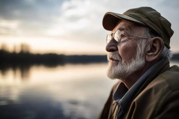 釣りをしながら湖を眺める年配の男性のショット