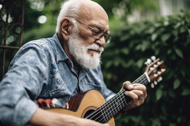 Снимок пожилого мужчины, играющего на гитаре снаружи