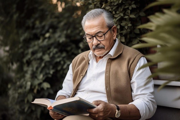 Снимка пожилого человека, читающего книгу, сидящего снаружи, созданная с помощью генеративного искусственного интеллекта