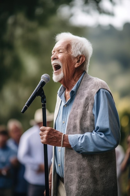 Shot of a senior man singing at an outdoor event created with generative ai