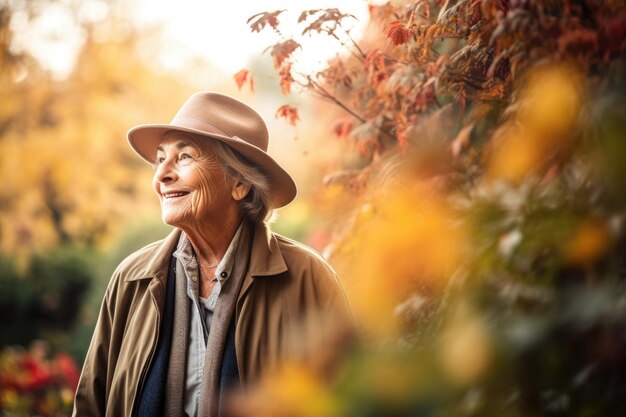 Shot of a senior woman enjoying an autumn walk in the garden created with generative ai