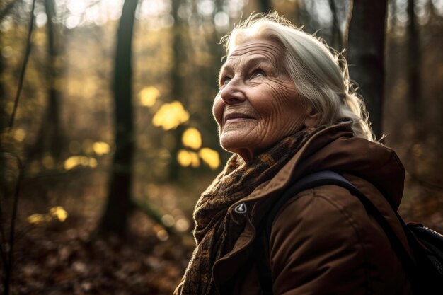Photo shot of a senior woman enjoying a day out in the forest created with generative ai