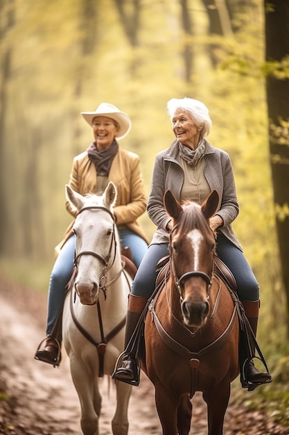 Shot of a senior woman and her sister horseback riding outdoors created with generative ai
