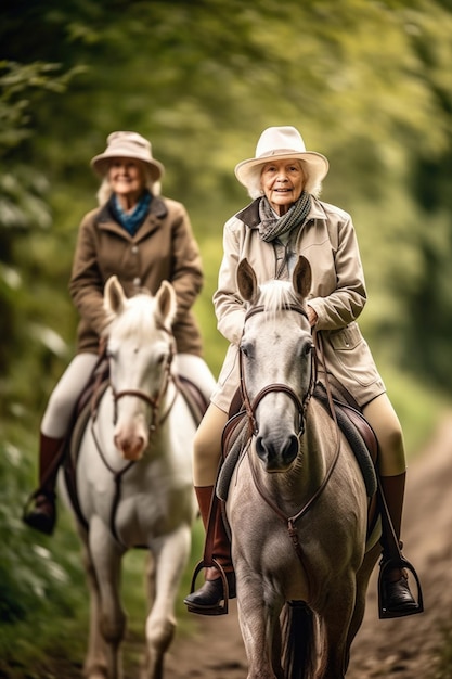 Shot of a senior woman and her sister horseback riding outdoors created with generative ai