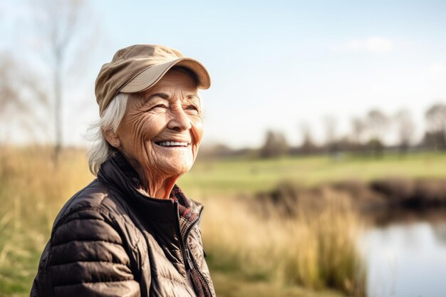 Photo shot of a senior woman smiling while playing golf on a sunny day