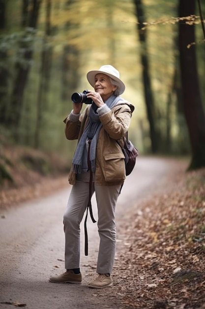 shot of a senior woman taking photos while walking in the forest created with generative ai