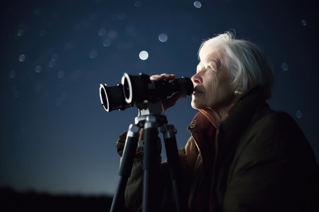 Shot of a senior woman using binoculars while stargazing created with generative ai