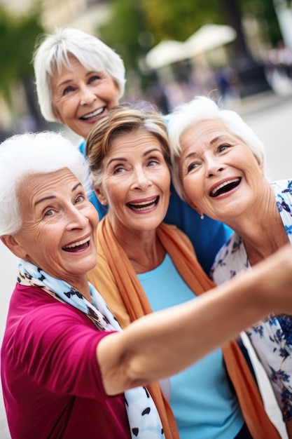 Foto inquadratura di una donna anziana che usa il cellulare per farsi un selfie con gli amici