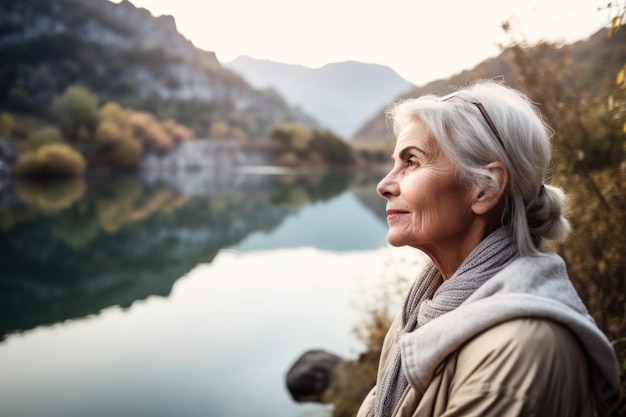 Photo shot of a senior woman wondering at a scenic view of water in nature created with generative ai