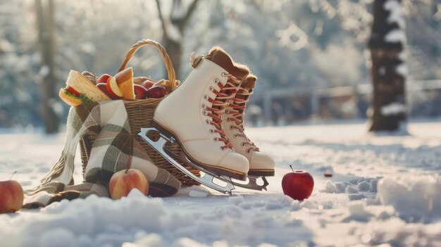 A shot of a set of ice skates carefully up and ready for a spin on the rink resting next to a picnic