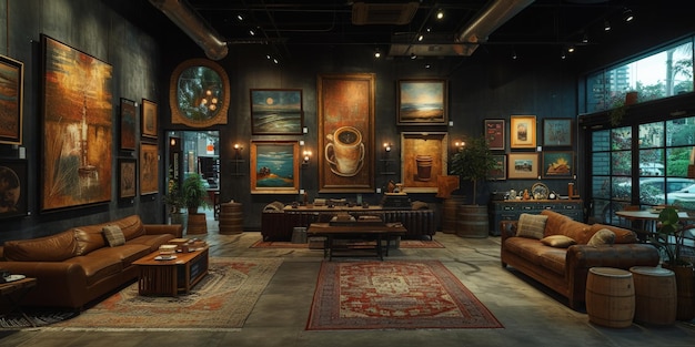 Снимка витрины магазина, полной художественных выставок на тему кофе, фестивальной темы и некоторых художественных украшений