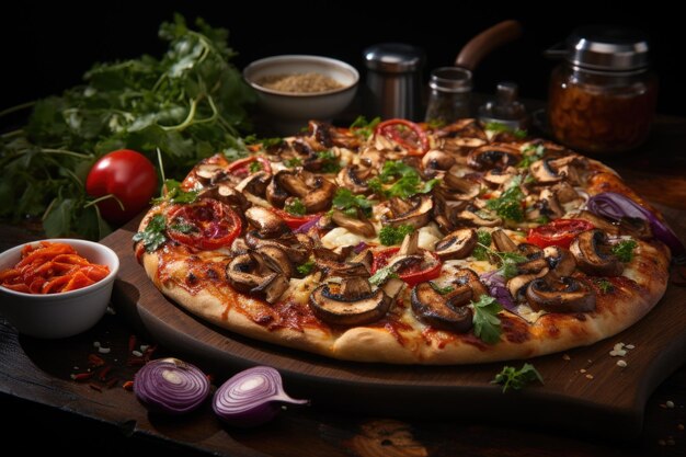 Photo a shot of side view of chicken and mushroom pizza served with sauce and vegetable salad on a wooden plate generative ai