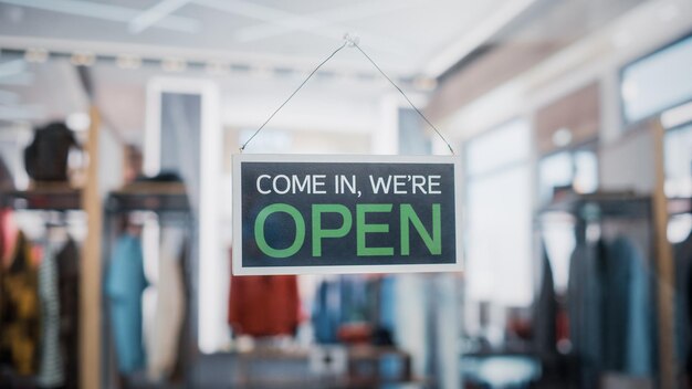 Photo shot of a sign we are open on a glass door of a stylish clothes store blurred background of a shop supermarket bar or another company business