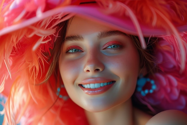 Foto scatto di una bella donna sorridente con un cappello rosso e rosa in un ambiente in studio nello stile del rosa e dell'azzurro