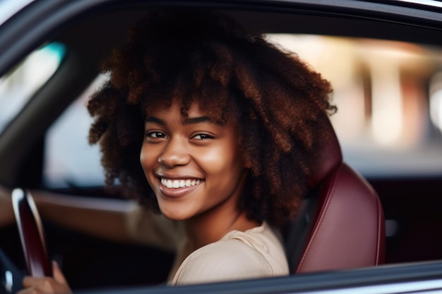 Shot of a smiling young woman sitting in the front seat of a car created with generative ai