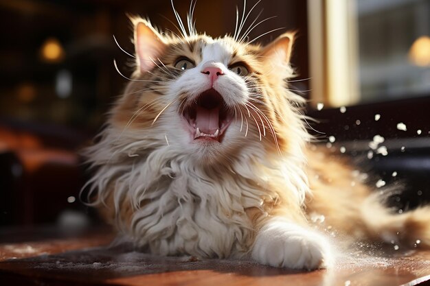 Shot of Sneezing Cat Dispersing Dust Particles