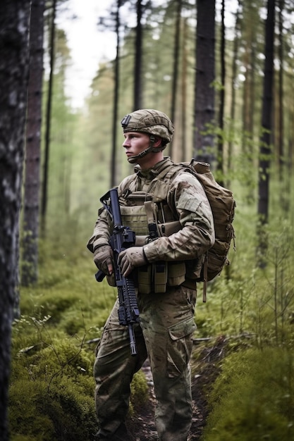 Shot of a soldier holding his rifle in the middle of the forest created with generative ai