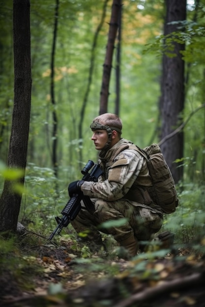 Shot of a soldier holding his rifle in the middle of the forest created with generative ai