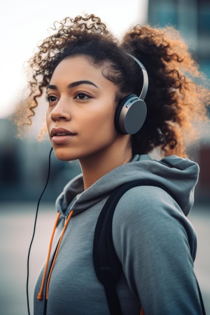 外で運動しながら音楽を聴くスポーティな若い女性のショット