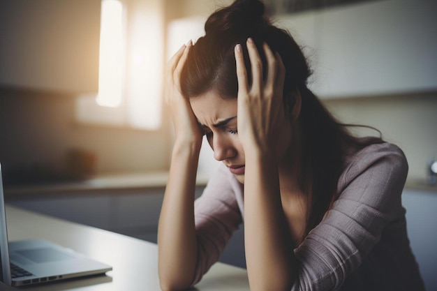 집에서 노트북으로 일하는 스트레스를 받는 사업가 여성의  ⁇ 은 걱정하고 피곤하고 압도적입니다.