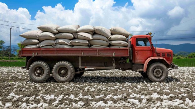 Foto fotografia di un robusto camion agricolo carico di sacchetti di fertilizzante