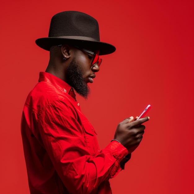 shot of stylish dark skinned hipster in fashionable shirt and hat holds smartphone