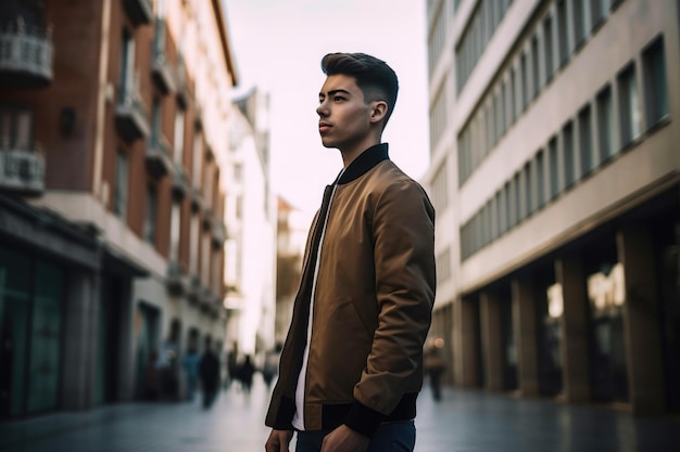 Shot of a stylish young man standing in the city created with generative ai