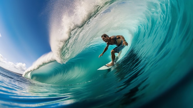 Foto immagine di un surfista che fa surf nell'onda generative ai