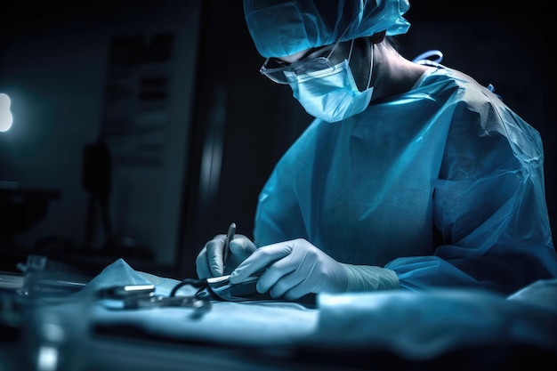 생성 인공 지능으로 만든 수행하는 동안 파란색 수술 장갑을 사용하는 외과 의사의 샷