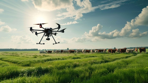 Shot of surveillance drones patrolling farmland