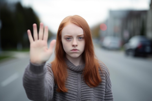 生成 AI で作成された、顔の前で一時停止の標識を作る 10 代の少女のショット