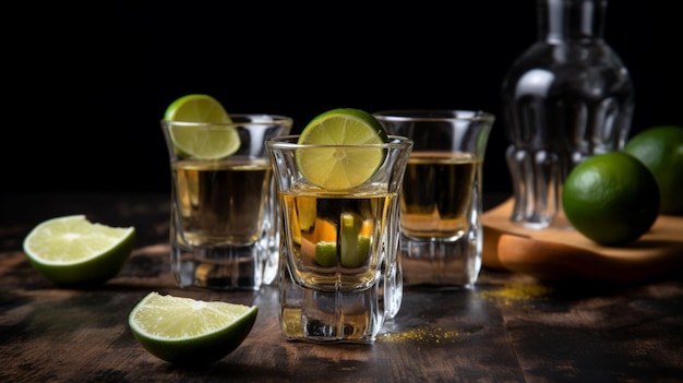 A shot of tequila with limes on a wooden table