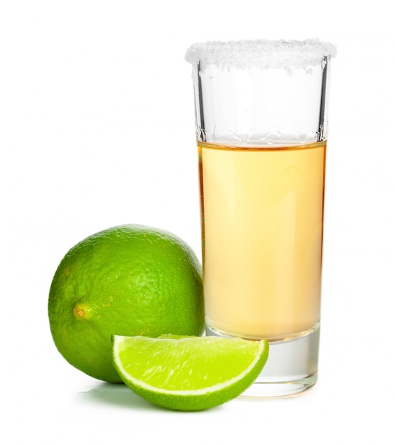 Shot of tequila with a slice of lime