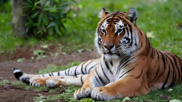 Shot of a tiger laying on the ground while watching his territory