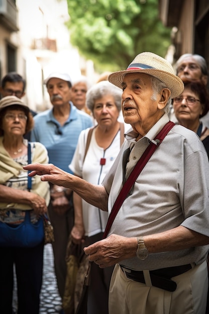 Shot of a tour guide giving instructions to his seniors group created with generative ai