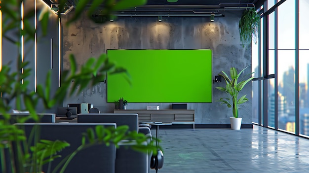 Photo shot of a tv with horizontal green screen mock up in meeting room at modern office