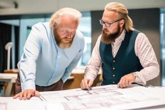 Photo shot of a two architects discussing building plans created with generative ai