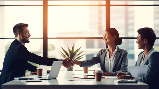 Photo shot of two businessmen shaking hands in an office business people shaking hands ai generated