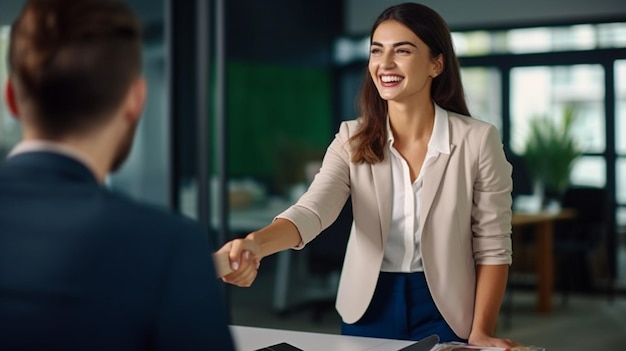 Fotografia di due uomini d'affari che si stringono la mano in un ufficio.