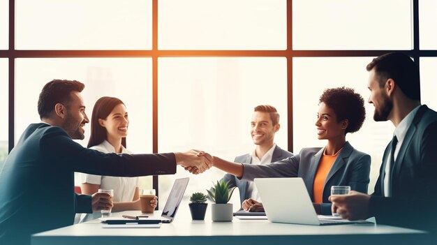 Shot of two businessmen shaking hands in an office Business people shaking hands AI generated