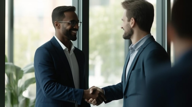 Photo shot of two businessmen shaking hands in an office business people shaking hands