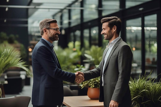 2人のビジネスマンがオフィスで握手している 2人の笑顔のビジネスマンが握手している