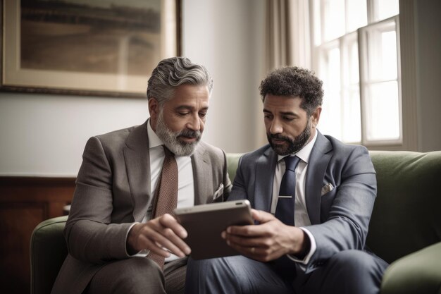 Shot of two businessmen using a digital tablet together at home