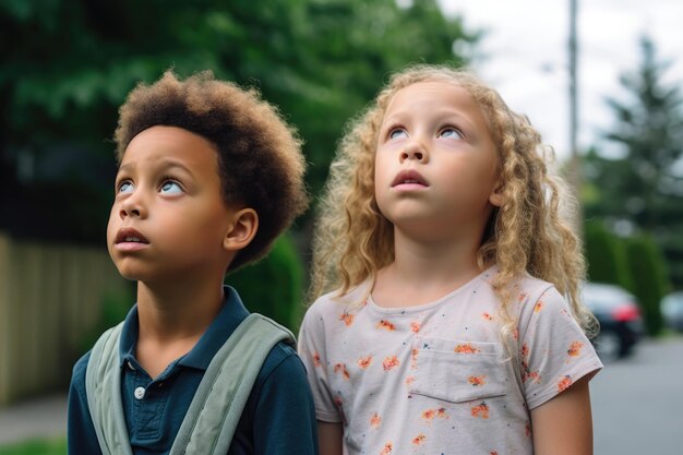 Shot of two children looking confused while standing outside created with generative ai