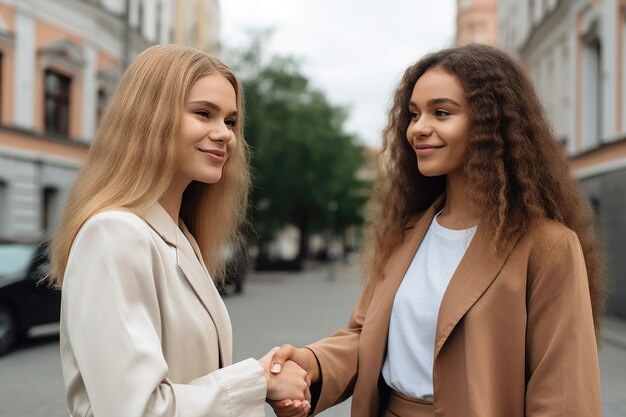 Foto scatto di due giovani donne sicure che si stringono la mano all'esterno creato con l'ia generativa