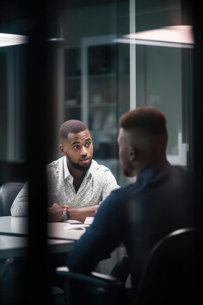 Shot of two coworkers having a discussion in the office