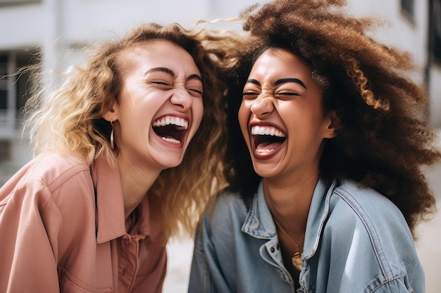 Photo shot of two female friends laughing together created with generative ai