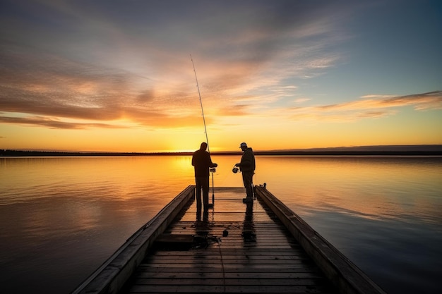 Shot of two fishermen casting their lines from the pier at sunset created with generative ai