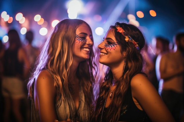 Снимка двух друзей, наслаждающихся ночью на концерте, созданная с помощью генеративного искусственного интеллекта.